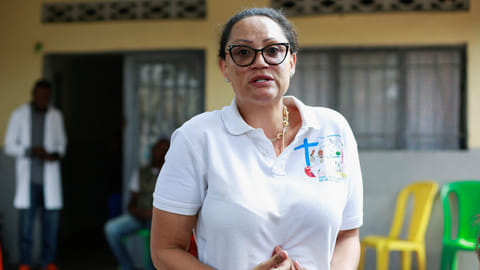 Congolese businesswoman Grace Mbongi Umek, who helped to release women from maternity wards after settling the unpaid bills, speaks as she stands at the yard of Bethesda Medical Center, in Ngaba a neighbourhood of Kinshasa, Democratic Republic of Congo, February 18, 2023. 