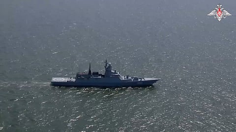 A Russian warship takes part in naval exercises in the Baltic Sea, in this still image taken from video released June 5, 2023. 