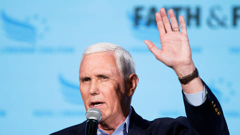Former U.S. Vice President Mike Pence speaks at the Iowa Faith & Freedom Coalition Spring Kick-off in West Des Moines, Iowa, U.S. April 22, 2023. 
