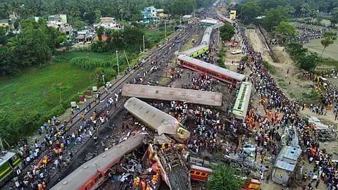 FILE PHOTO: A drone view shows derailed coaches after trains collided in Balasore district in the eastern state of Odisha, India, June 3, 2023. 