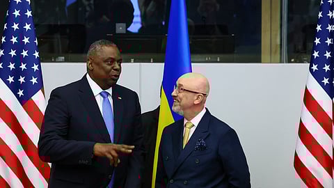 Ukraine's Defense Minister Oleksii Reznikov and U.S. Secretary of Defense Lloyd Austin attend a meeting of the Ukraine Defense Contact Group, as a part of a NATO Defence Ministers' meeting at the Alliance's headquarters in Brussels, Belgium June 15, 2023. 