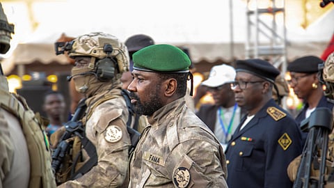 FILE PHOTO: Mali's junta leader Assimi Goita arrives to attend the last campaign rally of the "Yes" group for the referendum on constitutional amendments that would return the country to constitutional rule, in Bamako, Mali June 16, 2023. 