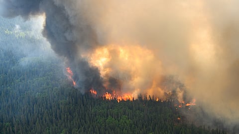 FILE PHOTO: Flames reach upwards along the edge of a wildfire as seen from a Canadian Forces helicopter surveying the area near Mistissini, Quebec, Canada June 12, 2023. 