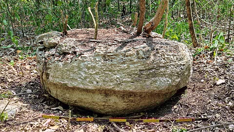 A view shows a part of a stone from an altar after archaeologists from Mexico's National Institute of Anthropology and History (INAH) discovered an ancient Mayan city inside the Balamku ecological reserve in Campeche state, Mexico in this photo released and distributed by Mexico's National Institute of Anthropology and History on June 20, 2023. 