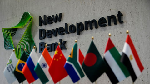FILE PHOTO: A sign of the New Development Bank (NDB) of BRICS countries is pictured at its headquarters in Shanghai, China, May 30, 2023. 