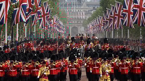 Britain's King Charles, Prince William, Prince Edward, Duke of Edinburgh and Anne, Princess Royal ride on horseback as part of Trooping the Colour parade which honours King Charles on his official birthday, in London, Britain, June 17, 2023. 