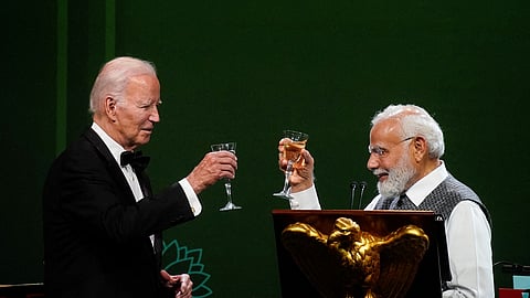 U.S. President Joe Biden and India's Prime Minister Narendra Modi raise a toast during an official state dinner at the White House in Washington, U.S., June 22, 2023. 
