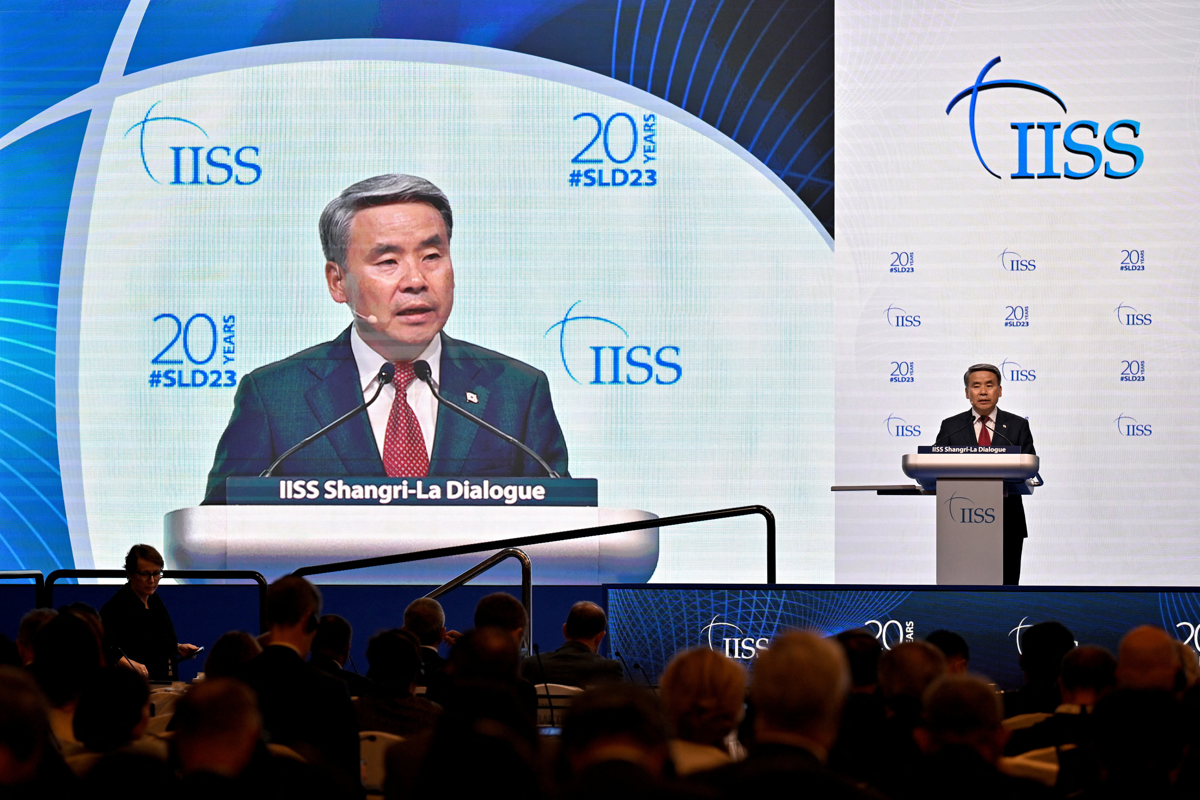 South Korea's Minister of National Defence, Lee Jong-sup speaks at a plenary session of the 20th IISS Shangri-La Dialogue in Singapore June 3, 2023. 