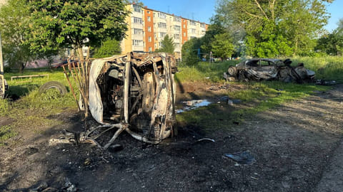 A view shows destroyed vehicles following what was said to be Ukrainian forces' shelling in the course of Russia-Ukraine conflict in the town of Shebekino in the Belgorod region, Russia, in this handout image released May 31, 2023. 