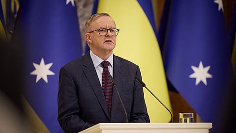 Australian Prime Minister Anthony Albanese attends a joint news briefing with Ukrainian President Volodymyr Zelenskiy (not pictured), as Russia's attack on Ukraine continues, during a parliament session in Kyiv, Ukraine July 3, 2022. 