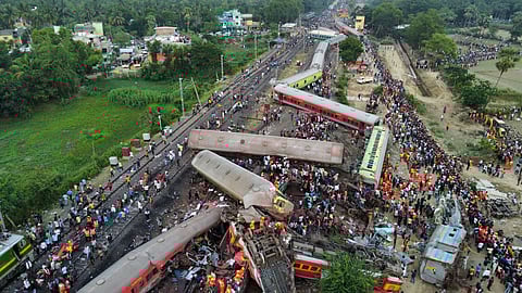 FILE PHOTO: A drone view shows derailed coaches after trains collided in Balasore district in the eastern state of Odisha, India, June 3, 2023. 