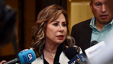 FILE PHOTO: Presidential candidate for the National Unity of Hope (UNE) party Sandra Torres holds a press conference in Guatemala City, Guatemala, in this handout photo released on July 4, 2023. 