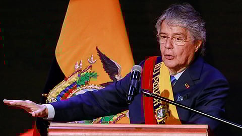 FILE PHOTO: Ecuador's President Guillermo Lasso gives his annual report to the nation, a week after dissolving the National Assembly and calling for early elections, in Quito, Ecuador, May 24, 2023. 