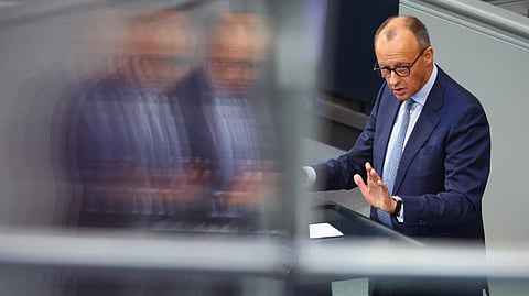 FILE PHOTO: CDU party co-leader Friedrich Merz gives a speech during a session of the lower house of parliament Bundestag, at the Reichstag building in Berlin, Germany July 7, 2023. 