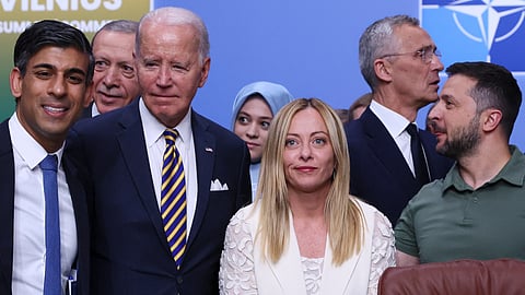 Ukraine's President Volodymyr Zelenskiy, U.S. President Joe Biden, Italian Prime Minister Giorgia Meloni, Turkish President Tayyip Erdogan, British Prime Minister Rishi Sunak and NATO Secretary-General Jens?Stoltenberg attend a meeting of the NATO-Ukraine council, during a NATO leaders summit in Vilnius, Lithuania, July 12, 2023. 