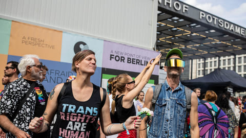 Anastasia Biefang, 49, prominent German LGBTQ+ rights activist, attends the Christopher Street Day (CSD) Pride parade in Berlin, Germany, July 22, 2023. 