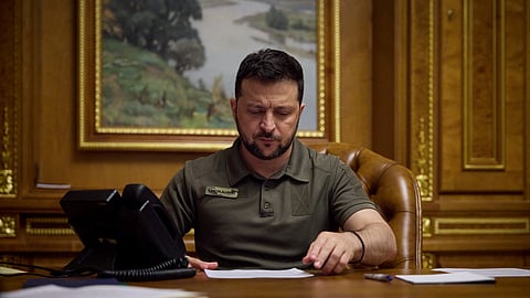 Ukraine's President Volodymyr Zelenskiy discusses a restoration of the Black Sea grain initiative with Turkish President Tayyip Erdogan via a phone line, amid Russia's attack on Ukraine, in Kyiv, Ukraine July 21, 2023. 