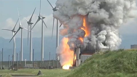 Smoke rises following the explosion of a rocket engine during a test in Noshiro City, Akita Prefecture, Japan, July 14, 2023, in this screengrab taken from a handout video.