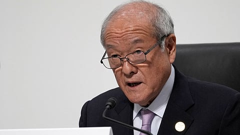 FILE PHOTO: Japanese Finance Minister Shunichi Suzuki speaks during the presidency press conference at the G7 meeting of finance ministers and central bank governors, at Toki Messe in Niigata, Japan, Saturday, May 13, 2023. 
