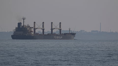 FILE PHOTO: Turkey-flagged bulk carrier Tq Samsun leaves the sea port of Odesa, amid Russia's attack on Ukraine, in Ukraine July 16, 2023. 