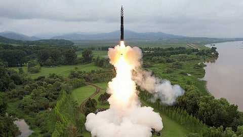 Hwasong-18 intercontinental ballistic missile is launched from an undisclosed location in North Korea in this image released by North Korea's Korean Central News Agency on July 13, 2023. 