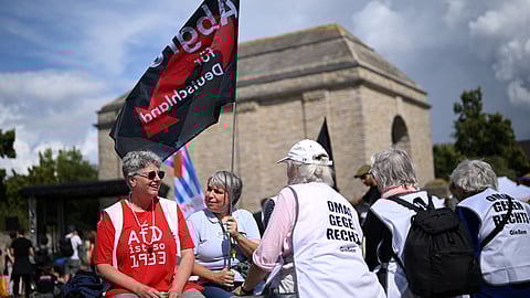 People gather on the day of the European election assembly 2023 of the Alternative for Germany (AfD) in Magdeburg, Germany, July 29, 2023. 