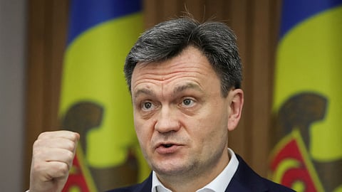 FILE PHOTO: Moldovan Prime Minister Dorin Recean speaks during a meeting with International Monetary Fund local representative, in Chisinau, Moldova, March 14, 2023. 