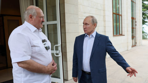 FILE PHOTO: Russian President Vladimir Putin and Belarusian President Alexander Lukashenko speak during a meeting at the Bocharov Ruchei residence in Sochi, Russia June 9, 2023. 