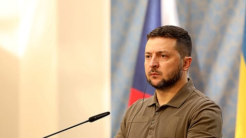 Ukraine's President Volodymyr Zelenskiy and Czech Prime Minister Petr Fiala make statements to the press after their meeting in Prague, Czech Republic, July 7, 2023. 