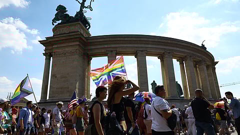People attend the annual Pride march in Budapest, Hungary, July 15, 2023. 