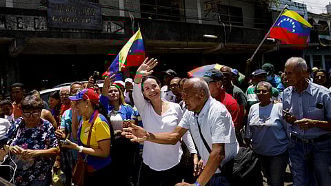 FILE PHOTO: Venezuelan opposition leader Maria Corina Machado participates during a march ahead of the October presidential primary, in Caripito, Monagas State, Venezuela March 28, 2023. 
