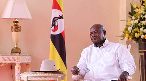 FILE PHOTO: Ugandan President Yoweri Museveni meets with Iranian President Ebrahim Raisi (not pictured) during his official visit at the State House in Entebbe, Uganda, on July 12, 2023. 
