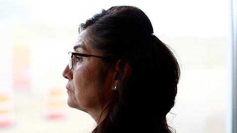 Sgt. Kathleen Lucero poses for a picture inside her office at the Isleta Police Department in Isleta Pueblo, New Mexico, U.S., May 19, 2023. 