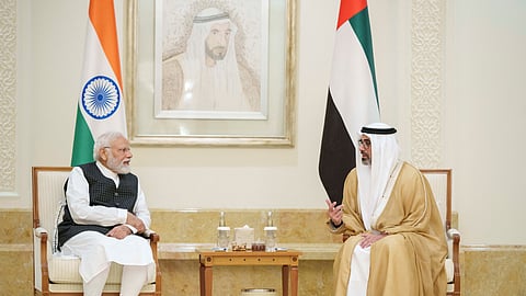 Sheikh Khaled bin Mohamed bin Zayed Al Nahyan, Crown Prince of Abu Dhabi, meets Indian Prime Minister Narendra Modi during his official visit in Abu Dhabi, UAE, July 15, 2023. 