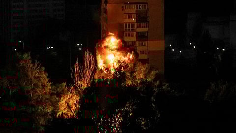 A view of an explosion of a drone in the city during a Russian drone strike, amid Russia's attack on Ukraine, in Kyiv, Ukraine July 13, 2023. 