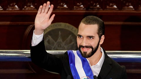 FILE PHOTO: El Salvador's President Nayib Bukele gestures as he delivers a speech to mark his fourth year in office, in San Salvador, El Salvador June 1, 2023. 