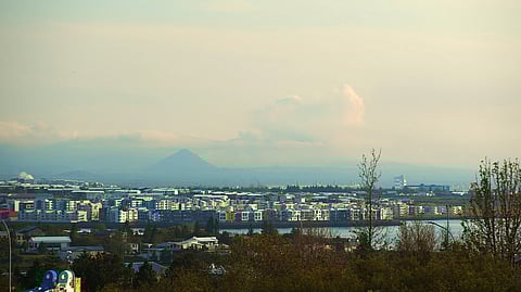 View from Reykjavik towards the area where a volcano eruption was taking place on the Reykjanes peninsula, in Iceland, July 10, 2023. 