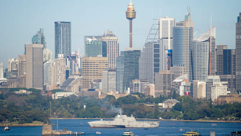 FILE PHOTO: Independence-variant littoral combat ship USS Canberra (LCS 30) arrives in Sydney, ahead of its commissioning ceremony on July 22, Sydney, Australia, July 18, 2023. 