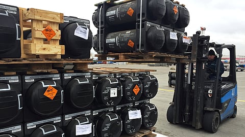 FILE PHOTO: Military aid, delivered as part of the United States of America's security assistance to Ukraine, is unloaded from a plane at the Boryspil International Airport outside Kyiv, Ukraine February 11, 2022.