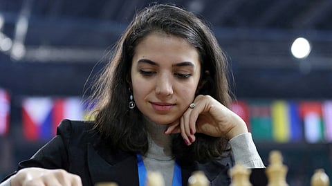 FILE PHOTO: Chess - FIDE World Rapid and Blitz Championships - Rapid Women - Almaty, Kazakhstan - December 28, 2022. Sara Khadem of Iran plays against Olga Girya of Russia. 