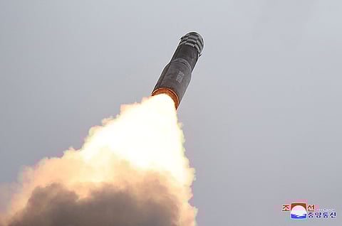 FILE PHOTO: Hwasong-18 intercontinental ballistic missile is launched from an undisclosed location in North Korea in this image released by North Korea's Korean Central News Agency on July 13, 2023.