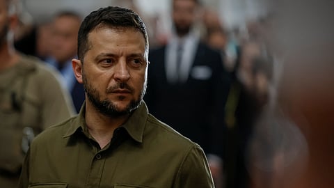 Ukraine's President Volodymyr Zelenskiy attends a service commemorating victims of World War II at the Saint Peter and Paul Cathedral with Polish President Andrzej Duda, amid Russia's attack on Ukraine, in Lutsk, Ukraine July 9, 2023. 