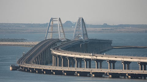 FILE PHOTO: A view shows the Crimean bridge connecting the Russian mainland with the peninsula across the Kerch Strait, Crimea, July 17, 2023. 