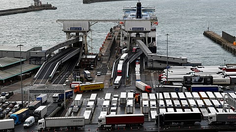FILE PHOTO: Lorries disembark from a cross channel ferry at the Port of Dover, in Dover, Britain September 24, 2020. 