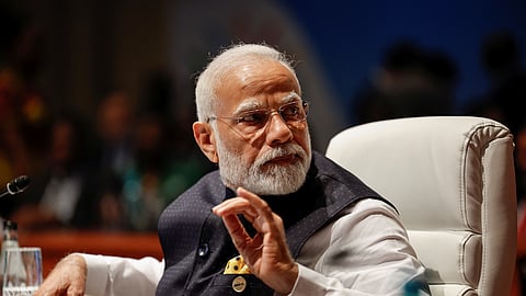 FILE PHOTO: Prime Minister of India Narendra Modi gestures at the plenary session during the 2023 BRICS Summit at the Sandton Convention Centre in Johannesburg, South Africa August 23, 2023. 