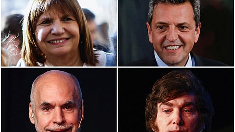 A combination picture shows Argentina's presidential pre-candidates Sergio Massa, Patricia Bullrich, Horacio Rodriguez Larreta, and candidate Javier Milei, in Buenos Aires, Argentina, July 2023. 