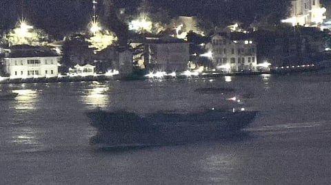 Palau-flagged vessel Sukru Okan transits Bosphorus on its way to the Black Sea in Istanbul, Turkey August 13, 2023 this screen grab from a video. 