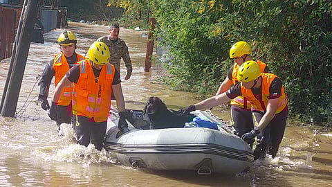 Police officers rescue a dog from a flood as heavy rains hit Chile's central-south areas, Maule region, in this undated handout photo obtained by Reuters on August 21, 2023. 