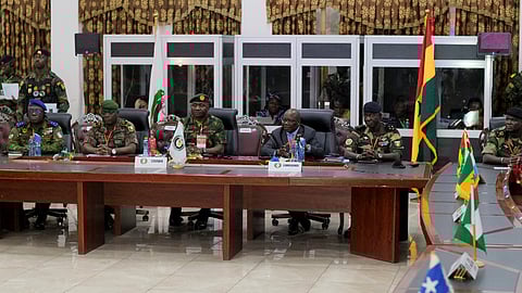 The ECOWAS Committee of Chiefs of Defense staff brief the press on plans to deploy its standby force to the Republic of Niger, in Accra, Ghana, August 18, 2023.