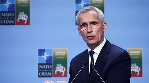 NATO Secretary-General Jens Stoltenberg holds a press conference during a NATO leaders summit in Vilnius, Lithuania July 12, 2023. 